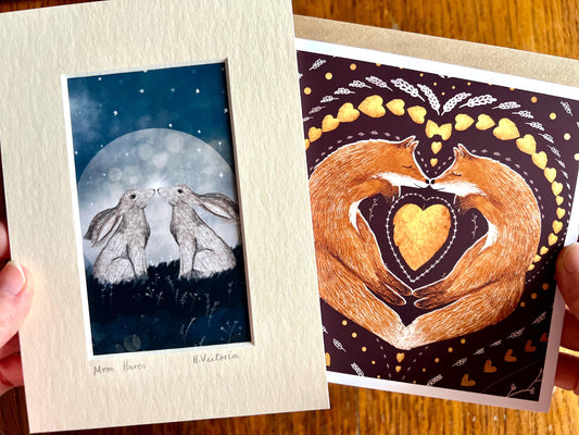Moon Hares Illustration & Greeting Card Set – Mounted Art Print Gift with Fox Folk Art Card
