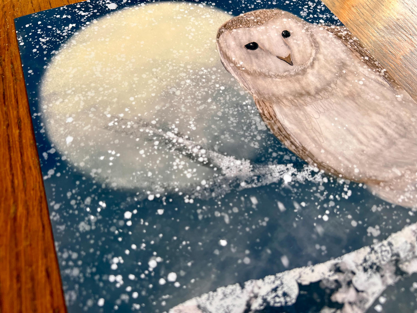 Barn Owl in Snow Art Print – Winter Woodland Scene with Moon – Celestial Animal Illustration for Magical or Rustic Decor