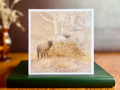 White Horse and Sheep in Snow Greeting Card – Blank for Any Occasion or Christmas