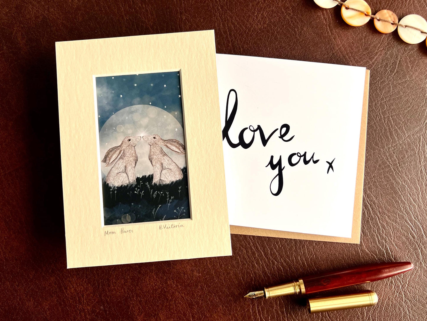 Moon Hares Art Print & Minimalist ‘Love You’ Card – Elegant and Stylish Woodland Animal Gift Set