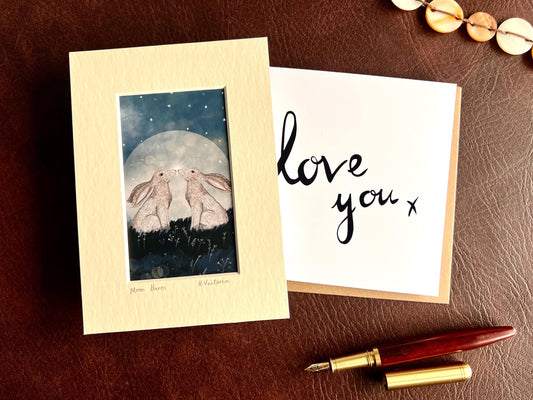 Moon Hares Art Print & Minimalist ‘Love You’ Card – Elegant and Stylish Woodland Animal Gift Set