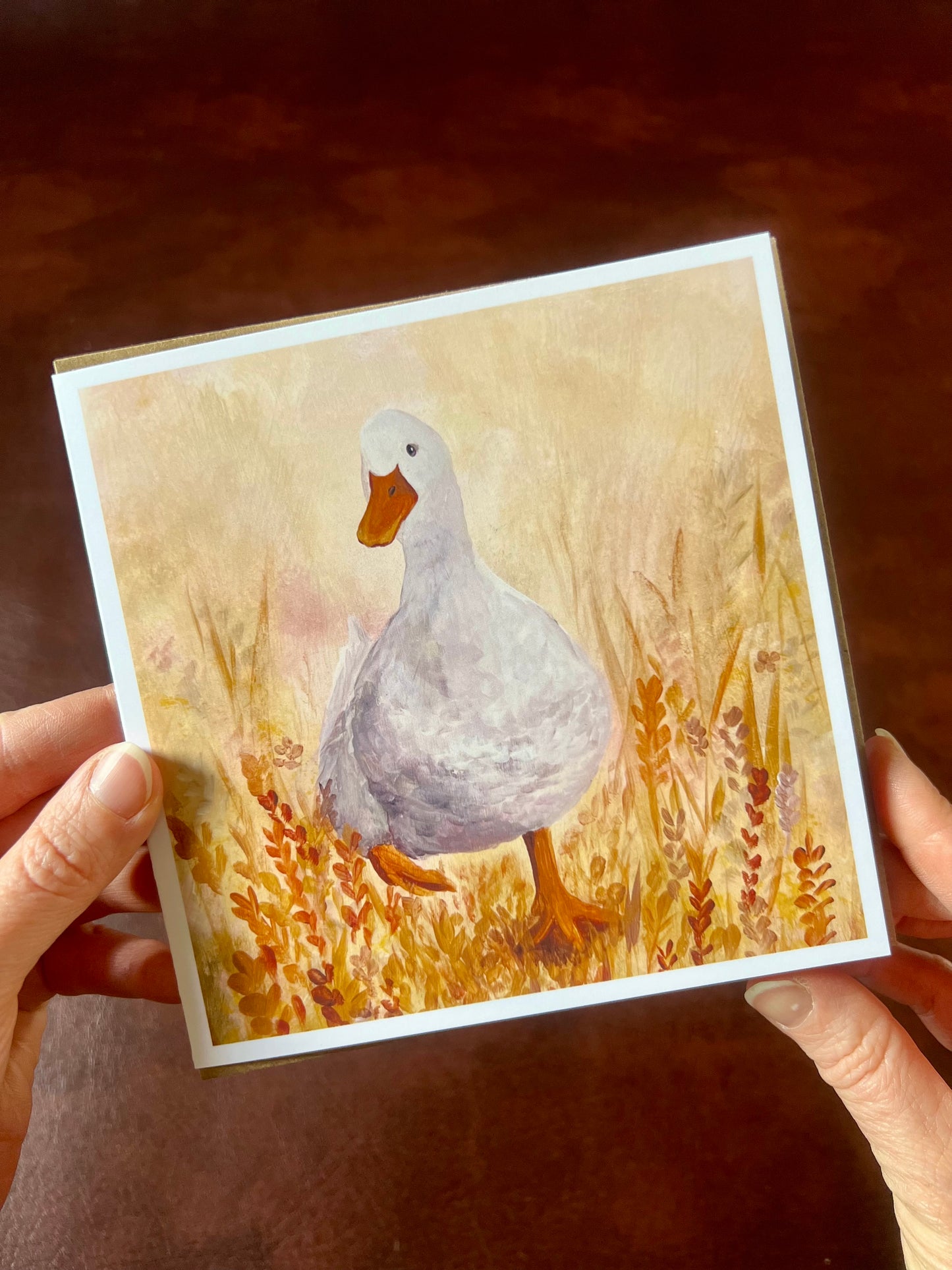 Close-up of Duck in the Meadow birthday card with no text, showing original duck painting with white border, suitable as a blank greeting card for any occasion, thank you card, or keeping in touch