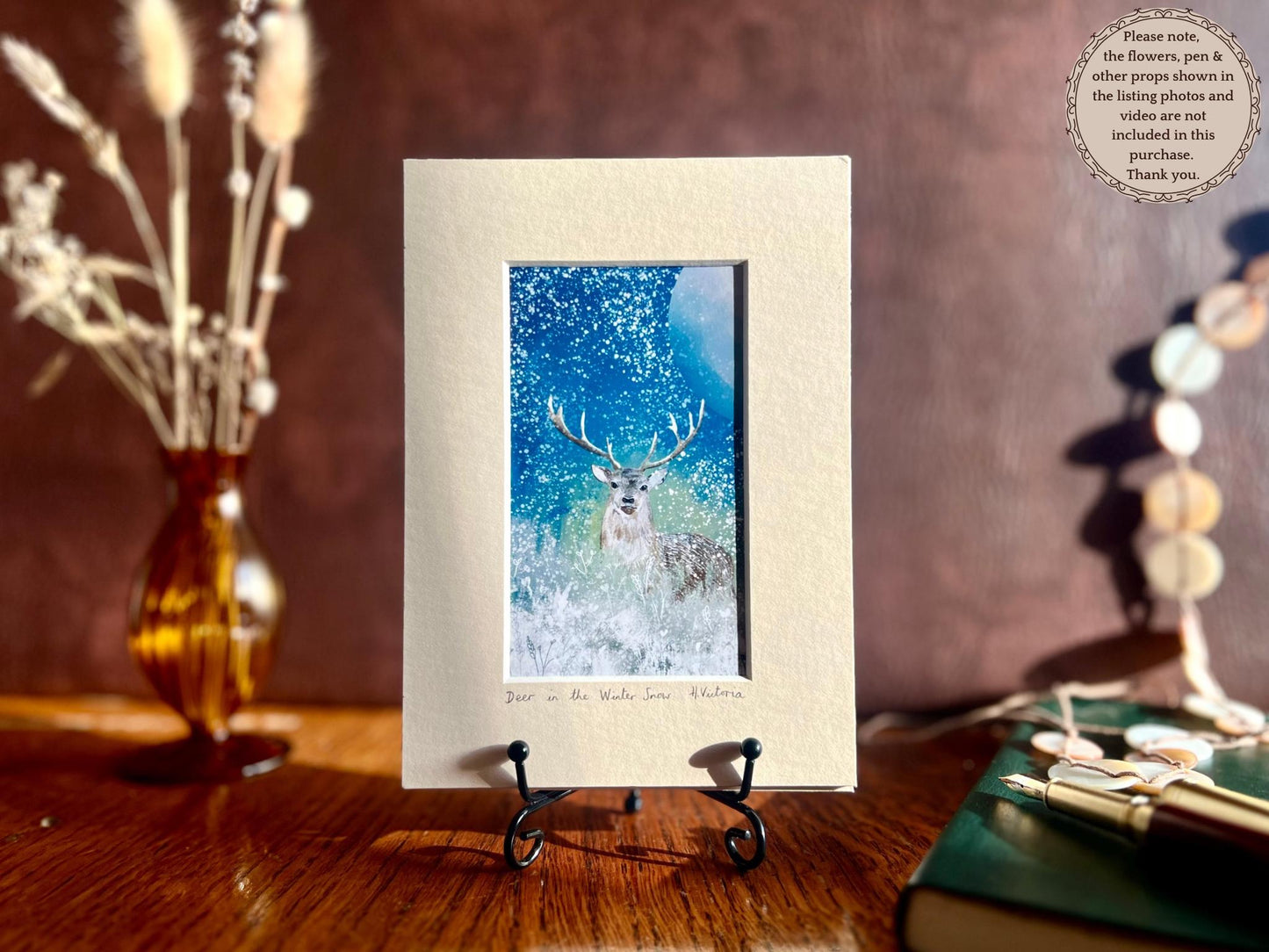 Stag in the Snow Celestial Art Print in a 5”x7” Mount - Rustic Country Interior Home Accent