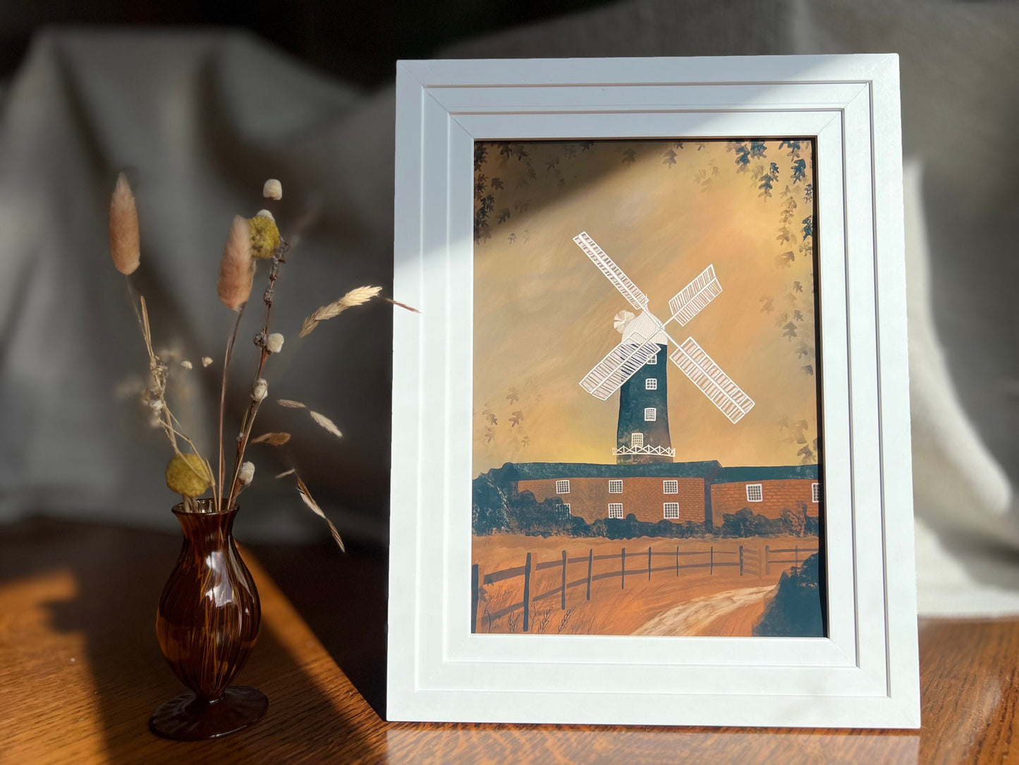 Skidby Windmill Autumn Art Print – East Yorkshire Landmark Illustration – Farmhouse Scene with Sunset and Falling Leaves