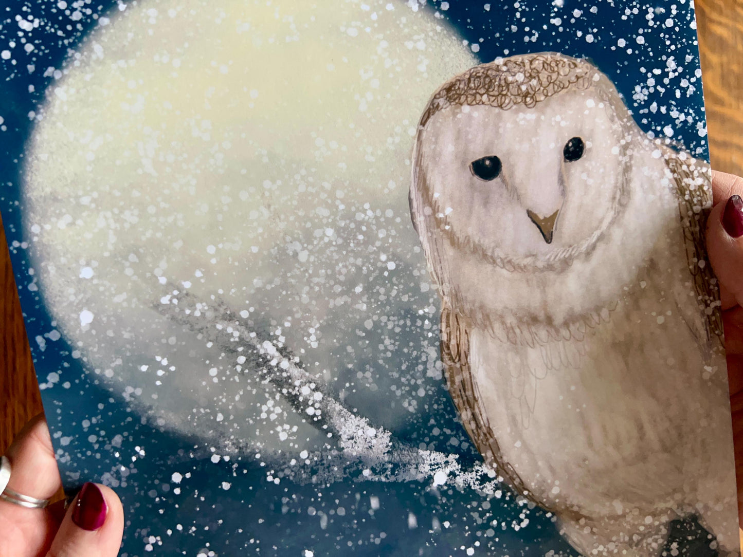 Barn Owl in Snow Art Print – Winter Woodland Scene with Moon – Celestial Animal Illustration for Magical or Rustic Decor