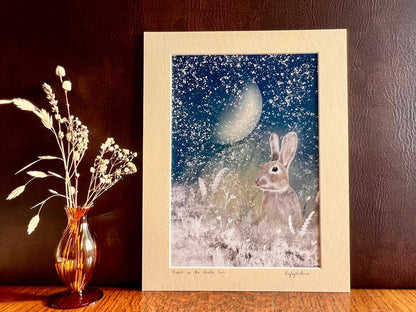 Hare and Moon Art Print – Snowy Night Woodland Illustration – Mystical Animal Artwork for Magical or Moody Interiors