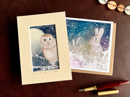 Barn Owl Art Print & Starry Rabbit Card – Celestial Woodland Animal Gift Set with Snowy Night Sky Illustration