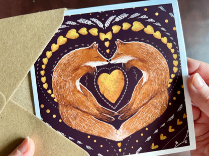 Moon Hares Illustration & Greeting Card Set – Mounted Art Print Gift with Fox Folk Art Card