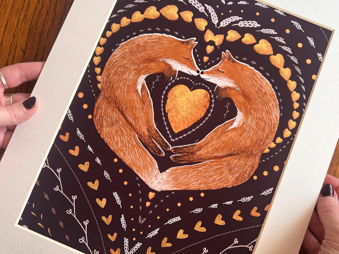 Sleeping Foxes Art Print – Nordic Folk Heart Design on Burgundy Background – Scandi-Inspired Animal Illustration for Gift or Decor