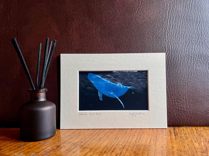 Celestial Whale and Moon Art Print – Small Illustrated Picture ina 5”x7” Mount