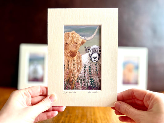 Highland Cow & Swaledale Sheep Art Print Set – Heather Moorland Triptych for Shelf Display