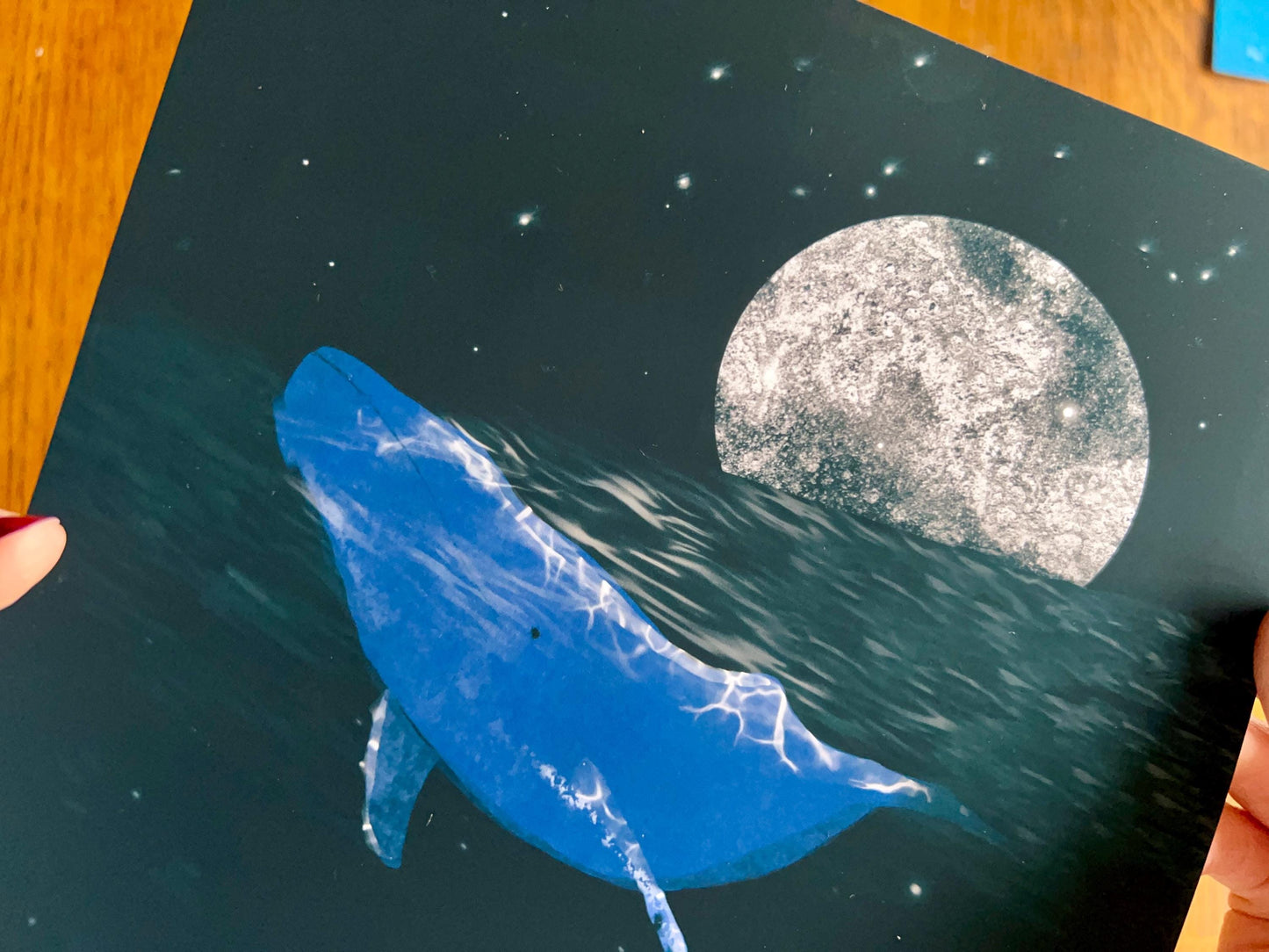 Custom Blue Whale Art Print – Personalised Ocean Nursery Wall Art with Moon & Stars
