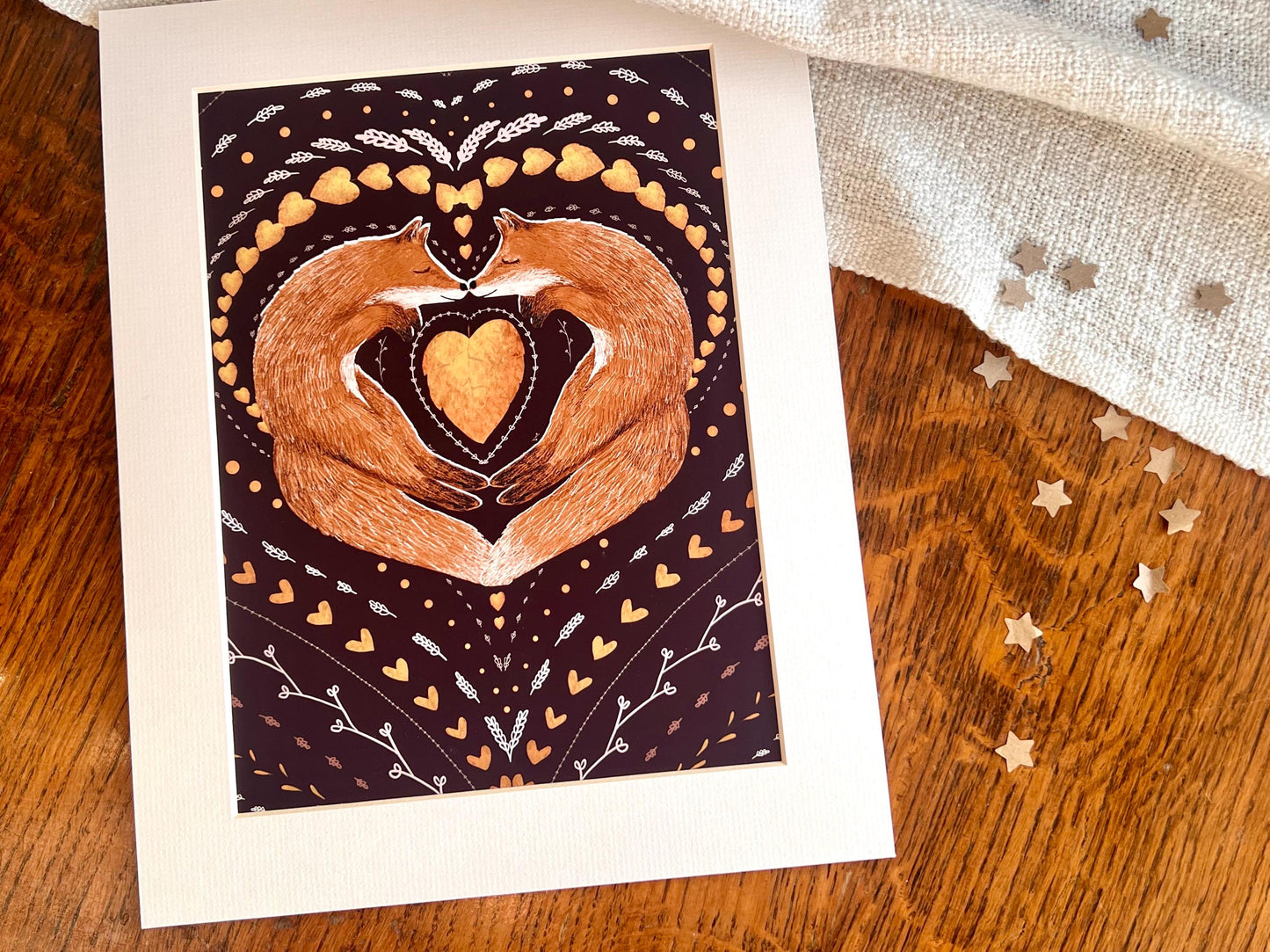 Sleeping Foxes Art Print – Nordic Folk Heart Design on Burgundy Background – Scandi-Inspired Animal Illustration for Gift or Decor