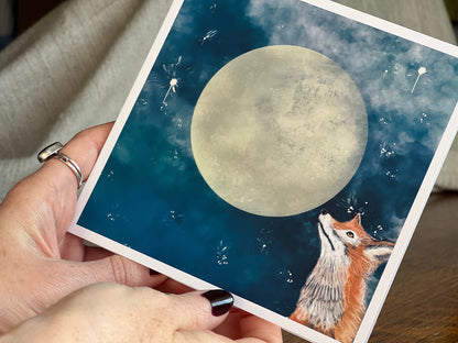 Fox and Moon Art Card – Celestial Illustrated Card, Blank Inside for Any Occasion