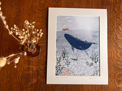 Under the Sea Art Print – Blue Whale, Lobster & Crab Illustration – Coastal Wall Art for Nautical or Beach Decor