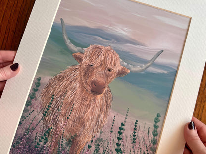 Highland Cow Art Print – Scottish Landscape with Purple Heather – Rustic Animal Wall Art for Cottage Interiors