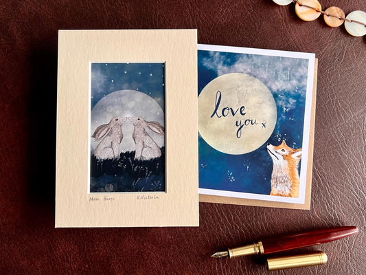 Moon Hares Art Print & Moongazing Fox ‘Love You’ Card – Romantic Woodland Animal Gift Set