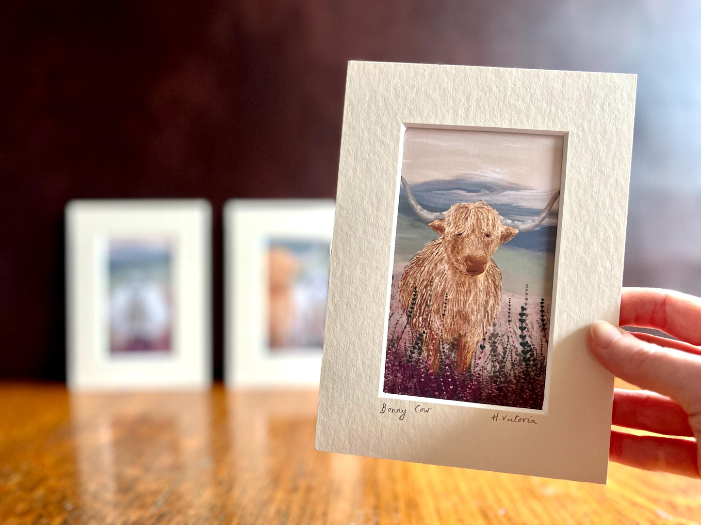 Highland Cow & Swaledale Sheep Art Print Set – Heather Moorland Triptych for Shelf Display