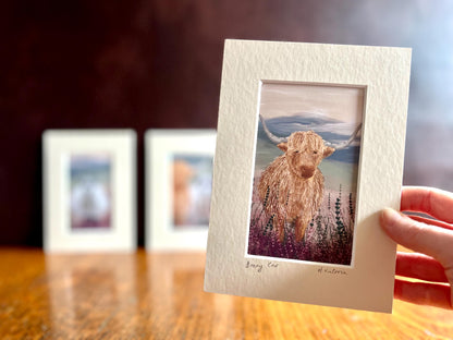 Highland Cow & Swaledale Sheep Art Print Set – Heather Moorland Triptych for Shelf Display