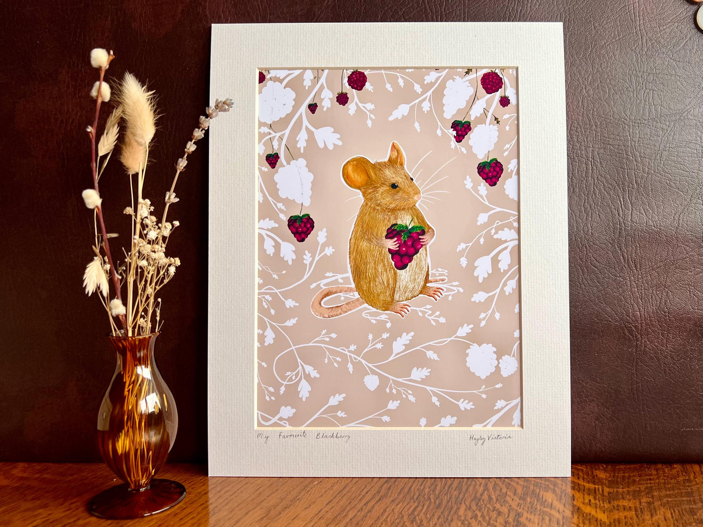 Woodland Mouse Art Print – Blush Pink Background with Blackberry & Bramble Pattern – Nursery or Calm Interior Wall Art