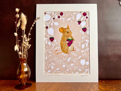 Woodland Mouse Art Print – Blush Pink Background with Blackberry & Bramble Pattern – Nursery or Calm Interior Wall Art