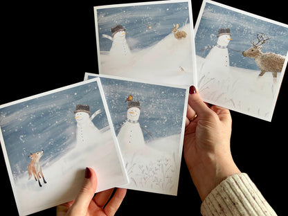 Snowman and His Winter Friends – Set of 4 Illustrated Christmas Cards with Woodland Animals