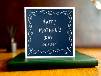 Personalised Mother’s Day Card – Navy Blue Design with Leaf Border