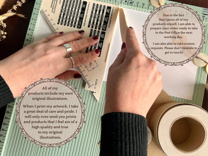 Hands working at a scoring board, infographic explaining that all products include original illustrations printed by the artist, carefully prepared with next-day dispatch and custom requests possible, UK handmade