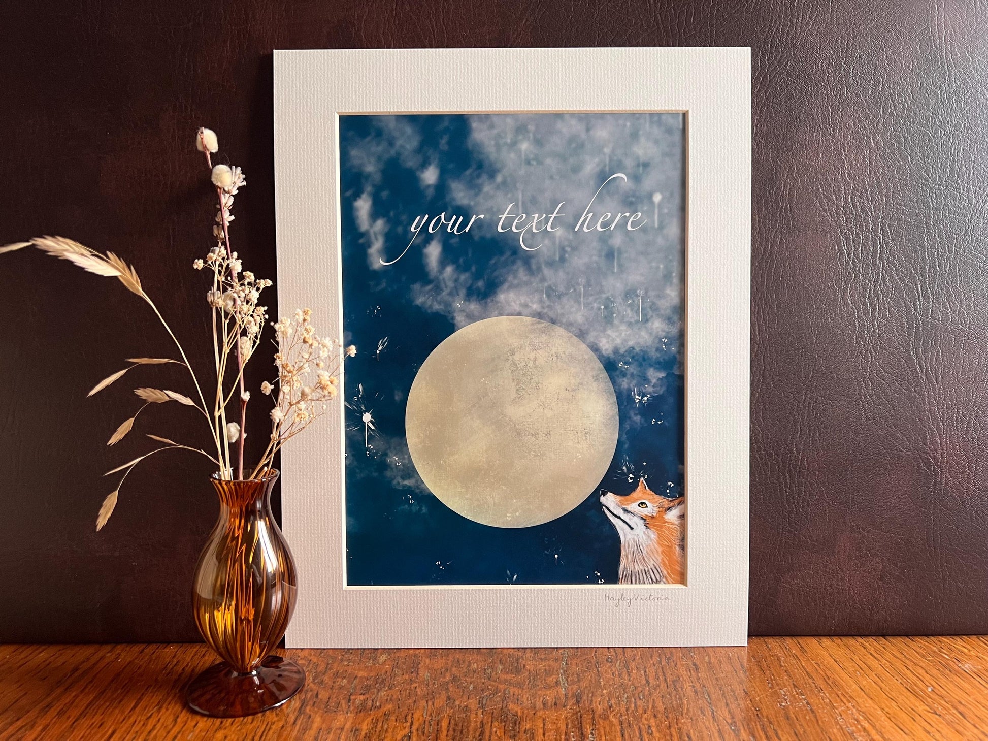 Personalised A4 fox and moon celestial art print in white 11x14 inch mount. Custom text option, UK handmade illustration