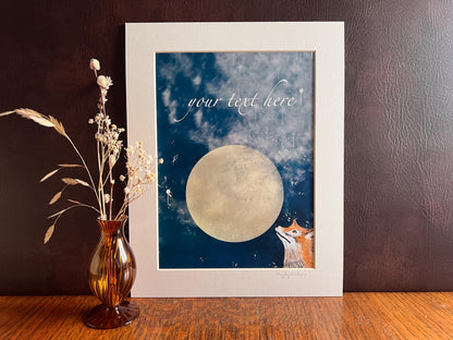 Personalised A4 fox and moon celestial art print in white 11x14 inch mount. Custom text option, UK handmade illustration