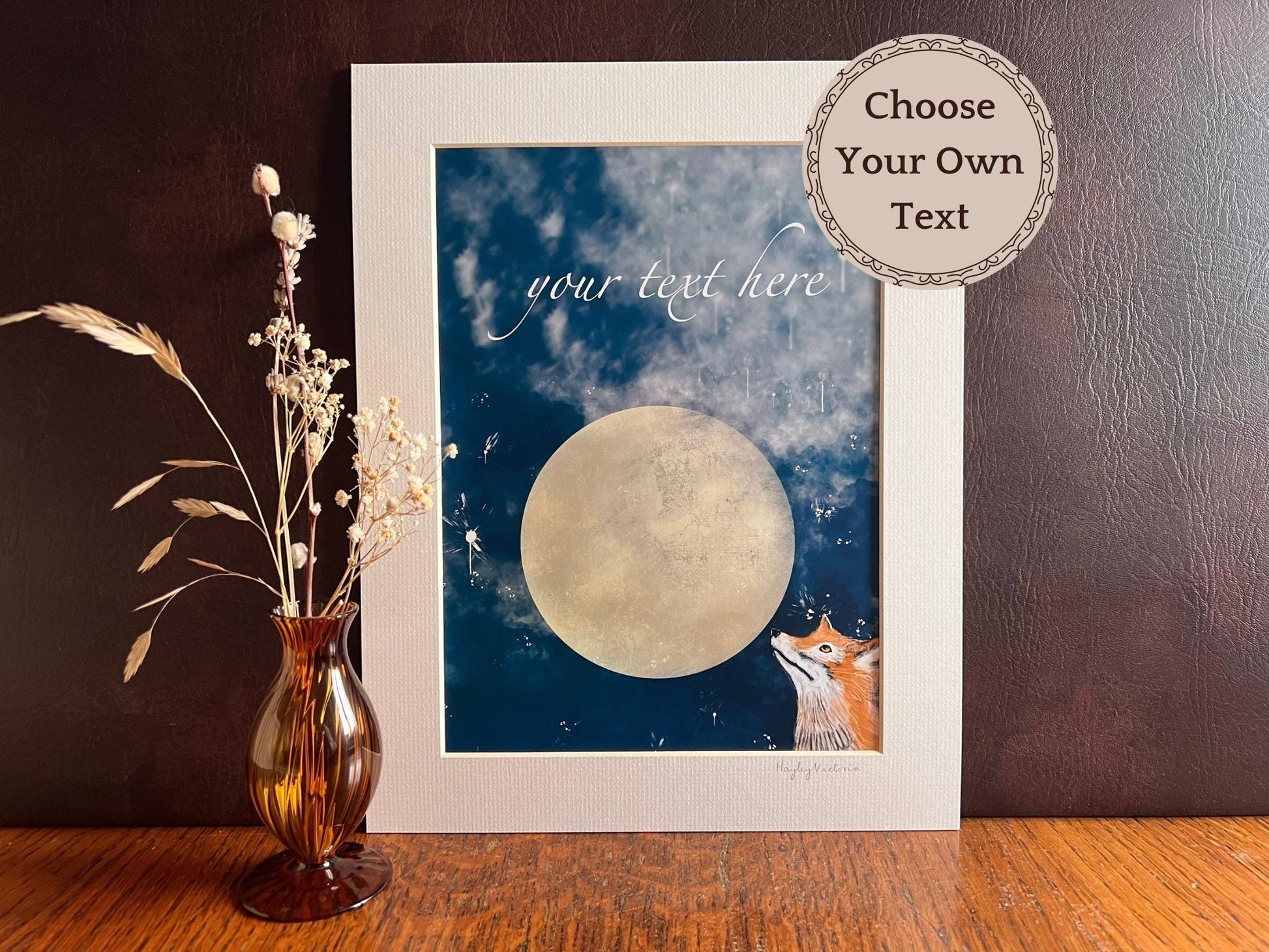 Personalised A4 fox and moon celestial art print in white 11x14 inch mount, UK handmade illustration