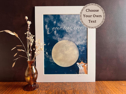 Personalised A4 fox and moon celestial art print in white 11x14 inch mount, UK handmade illustration