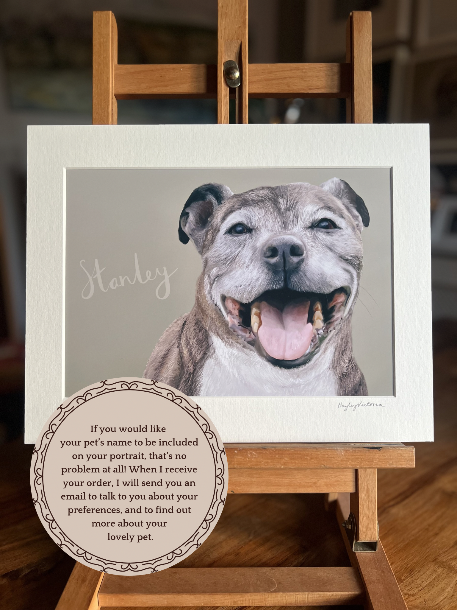 Custom Staffy pet portrait print in 11x14 mount with personalised dog name in handwritten font, bespoke Staffordshire Bull Terrier artwork by UK artist