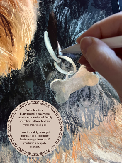 Close up of artist digitally drawing custom pet portrait, showing illustration process for dog, cat, reptile, rabbit, fish, horse and parrot portraits