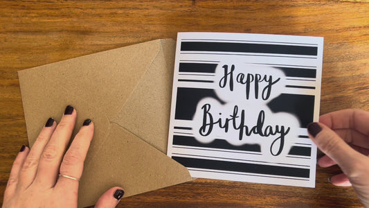 Monochrome Striped Birthday Card – Illustrated Black & White Design