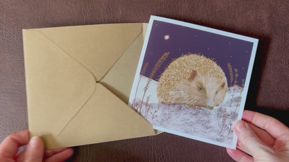 Hedgehog in the Snow Greeting Card – Winter Night Illustration – Unique Christmas Card by Yorkshire Artist