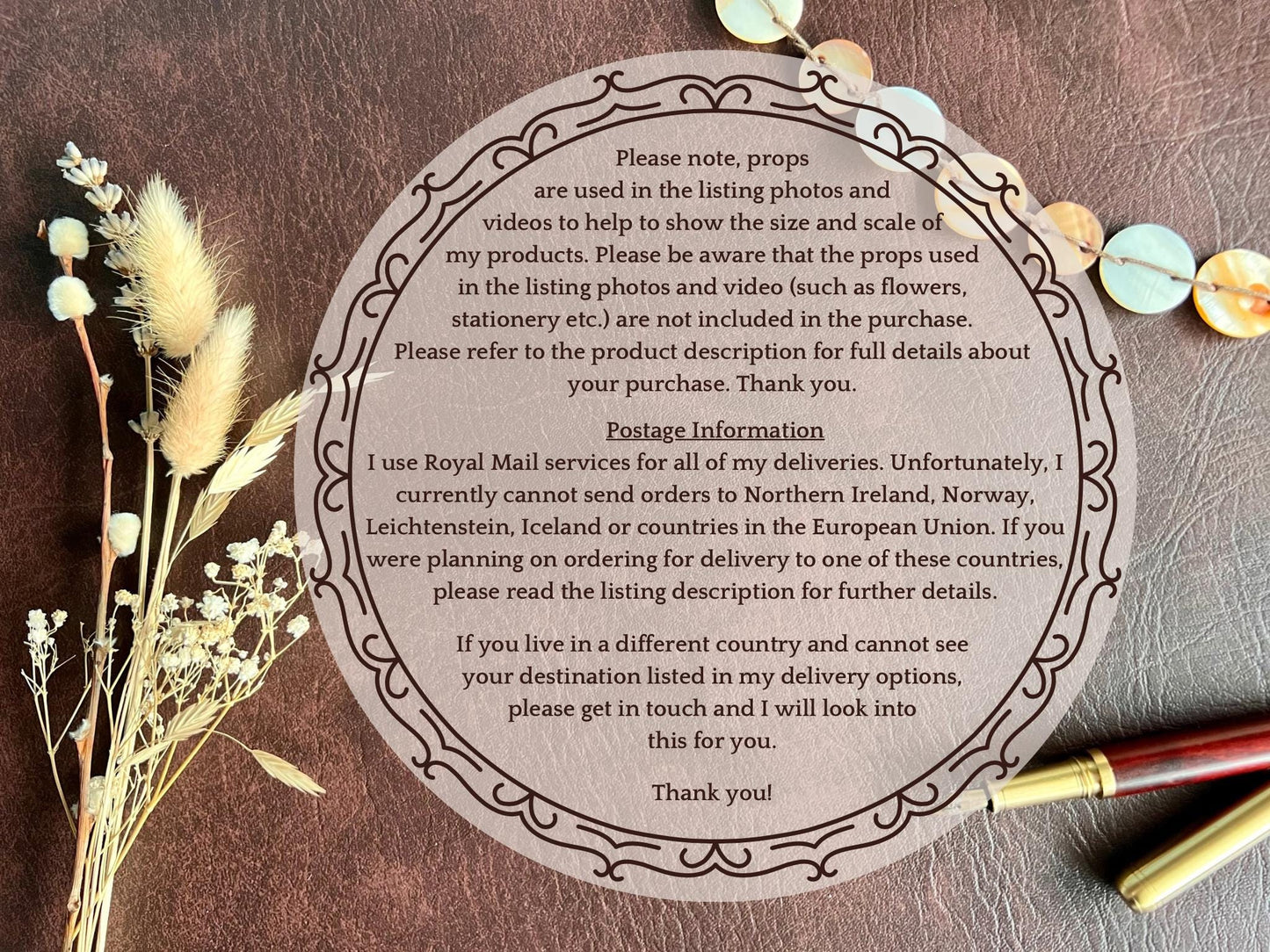 Infographic showing that product photos include props for staging and context, reminding customers to read full description for included items, UK handmade