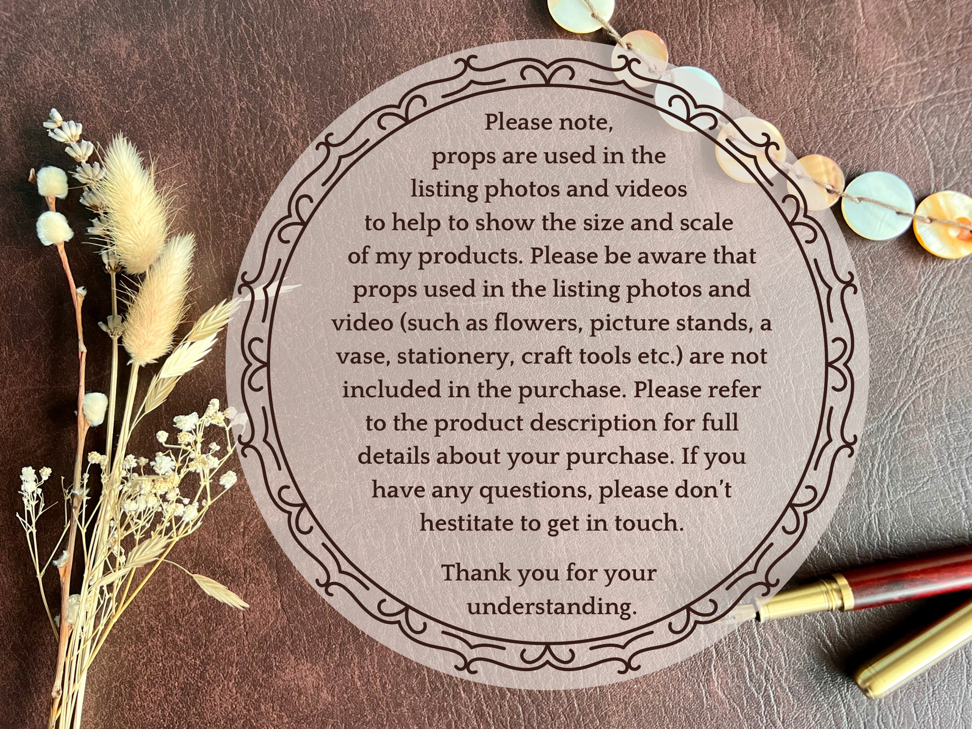 Infographic on a brown leatherette background explaining that props such as vases, flowers, sketchbooks, paper stars, and pens shown in product images are for display only and not included. Part of a 16 pack animal bookmark set for wedding favours.