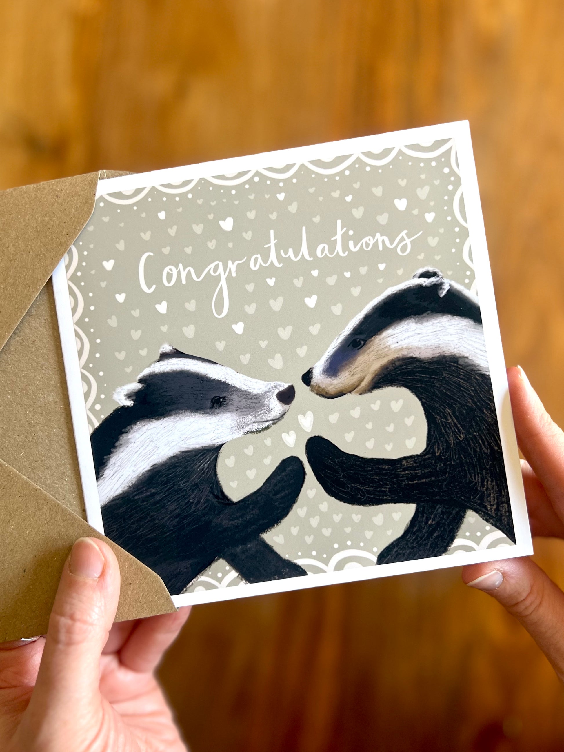 Unique woodland wedding congratulations card with badger illustration, rustic sage green design, artist made greeting card with nature theme