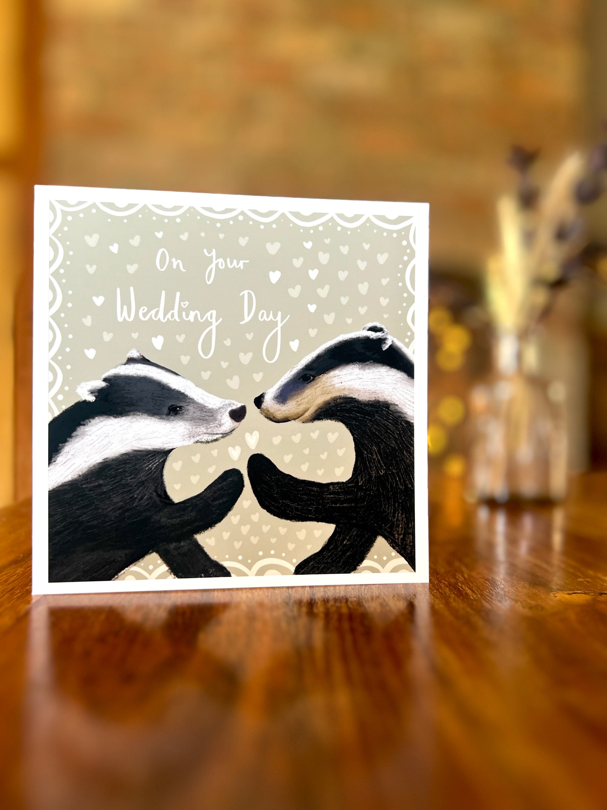 Woodland wedding card with badger design saying On Your Wedding Day, suitable for Mr and Mrs, Mr and Mr or Mrs and Mrs couples, sage green rustic style